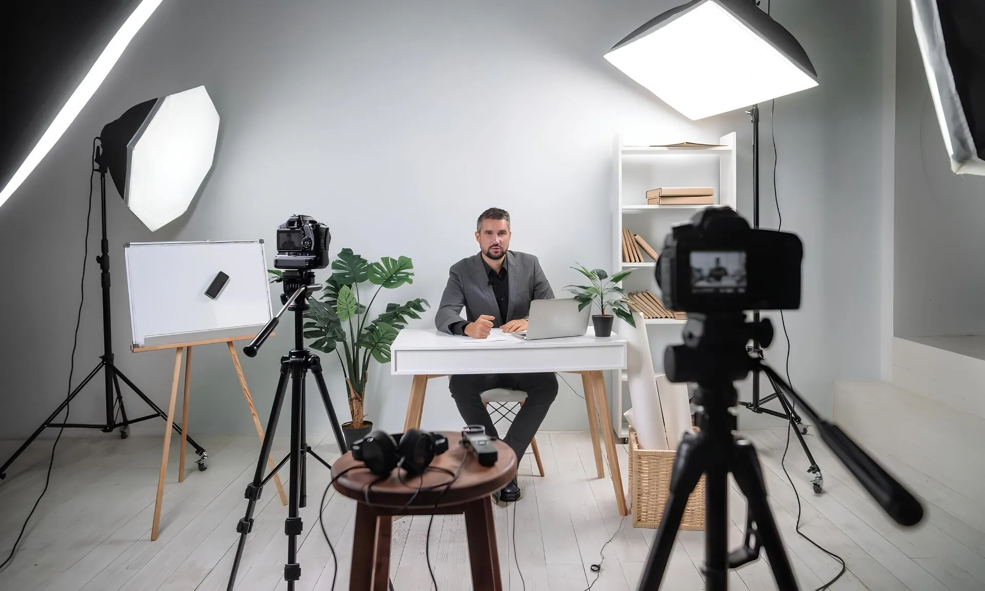 Founder preparing for a professional video shoot with a production team