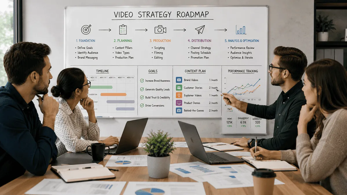 Business team creating a long-term B2B video marketing strategy roadmap