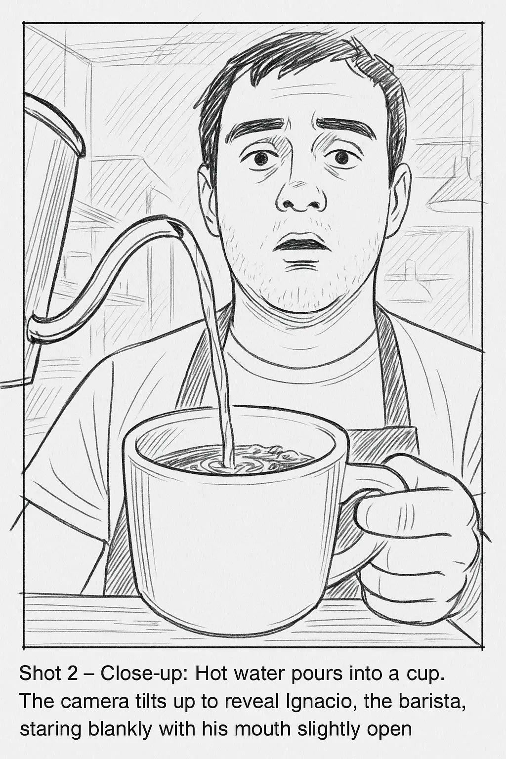 Pencil storyboard frame, shot 2: hot water pours into a cup as the camera tilts up to the barista